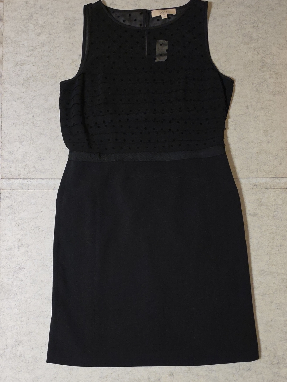 LOFT Ann Taylor Black Sheath Dress Swiss Dot Ruffled Bodice Size 10 NWT